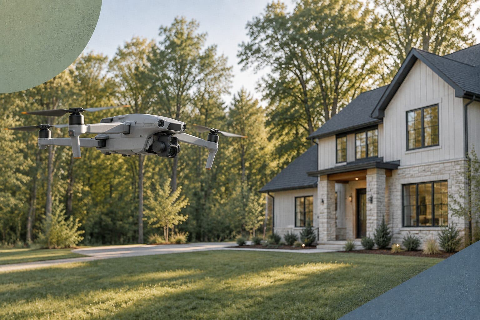 A gray folding camera drone photographing a newly built house on a wooded lot