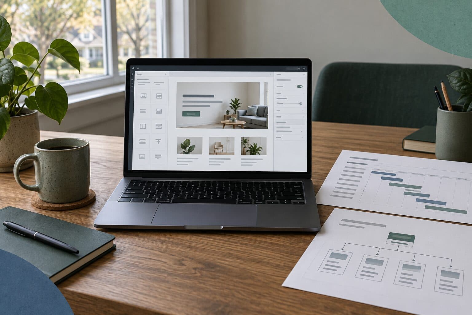 A laptop with a drag and drop website builder, beside a printed project timeline and a site map