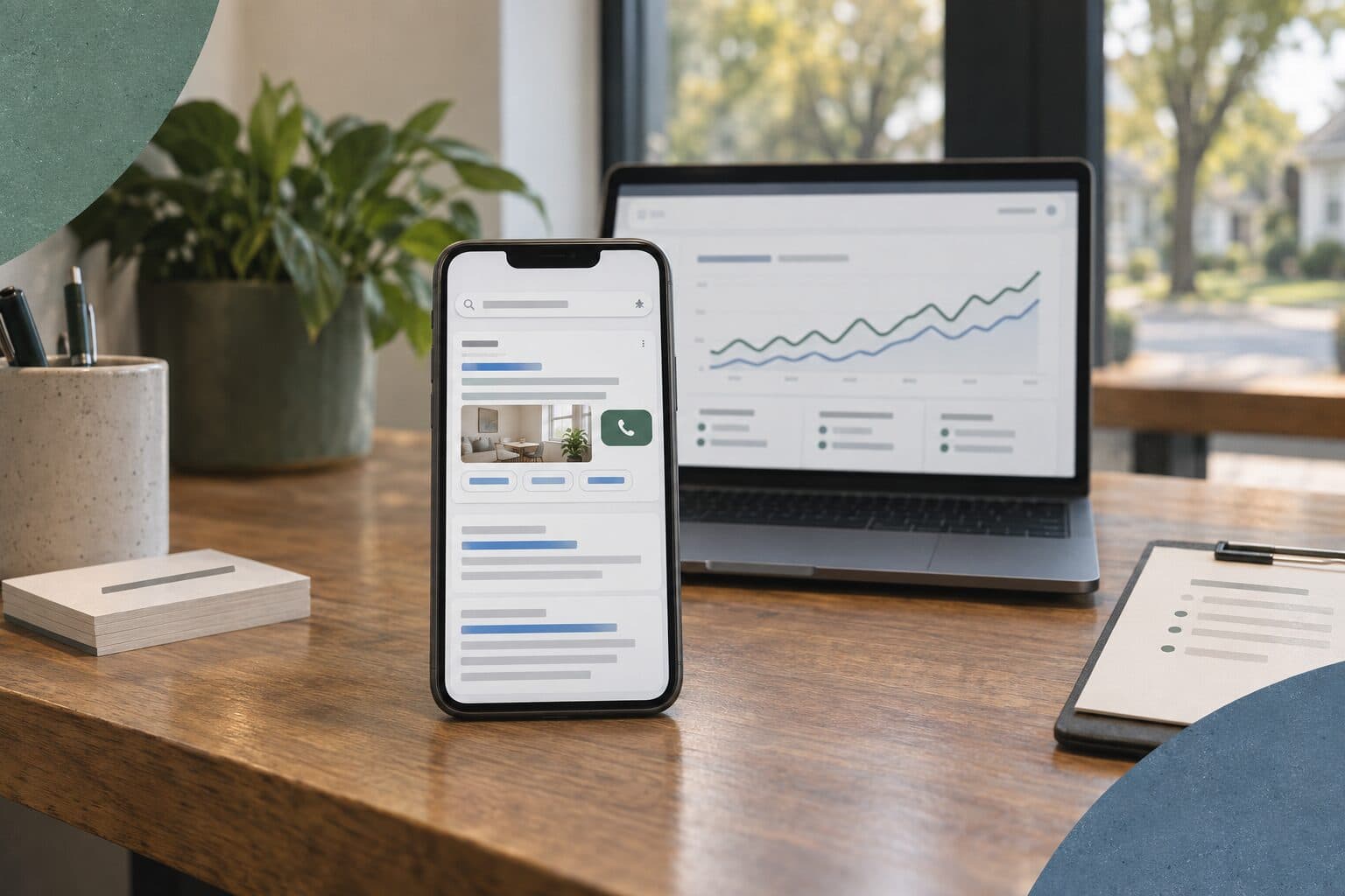 A phone showing a sponsored search result with a call button, with an ads report on a laptop behind it