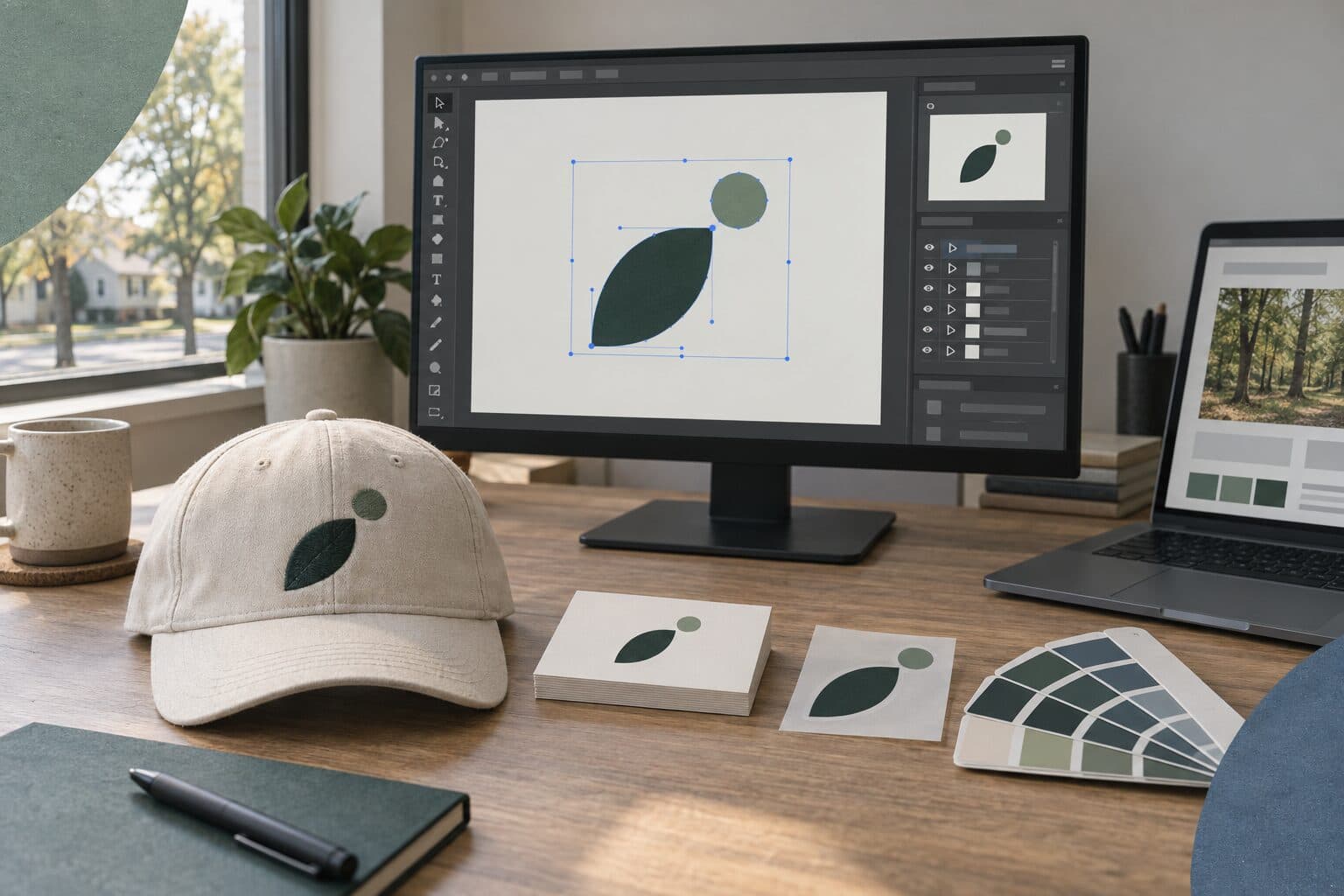 A vector logo open in design software, with the same mark on a cap, a business card and a vinyl decal