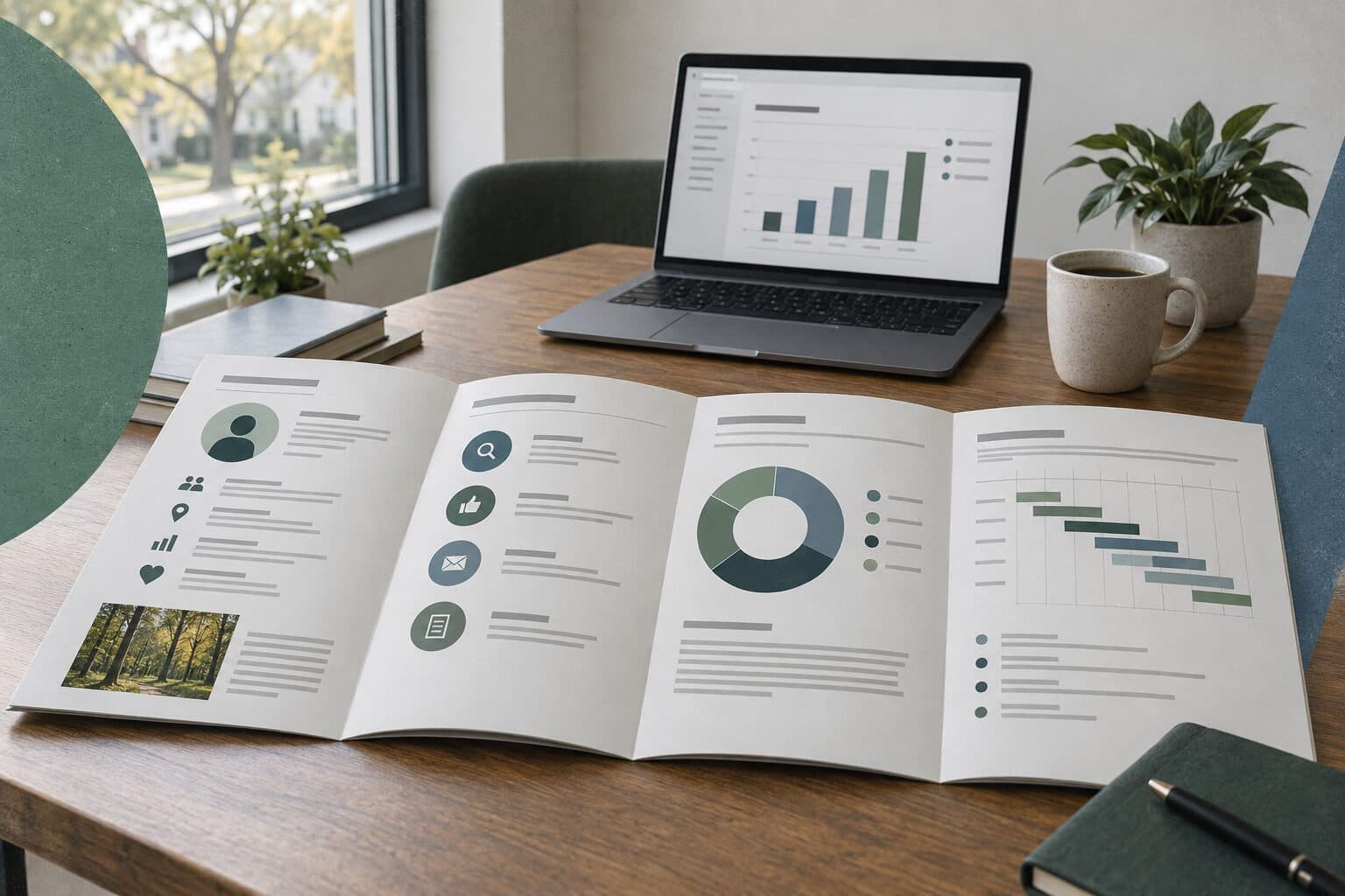 A printed marketing plan with customer, channel, budget and timeline pages, and a laptop showing a chart